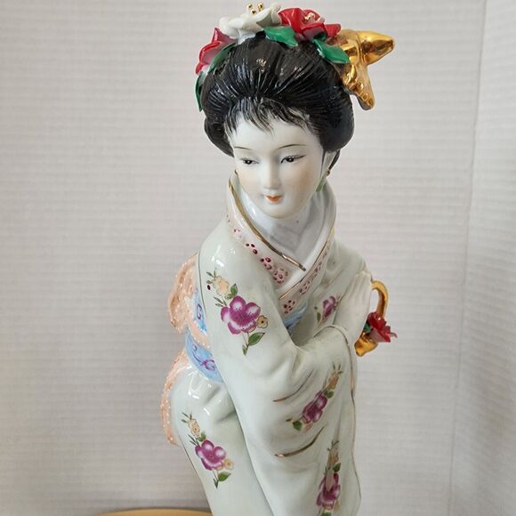 VTG Pair Japanese  Hand Painted Porcelain GEISHA Statues Figurines Gold Gilt 12” - Picture 13 of 16